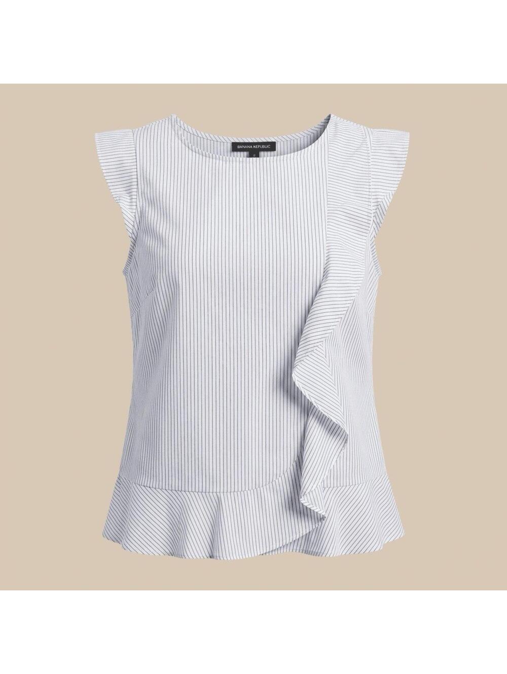 BANANA REPUBLIC Women’s M White Blue Pinstripe Ruffle Blouse Sleeveless Top